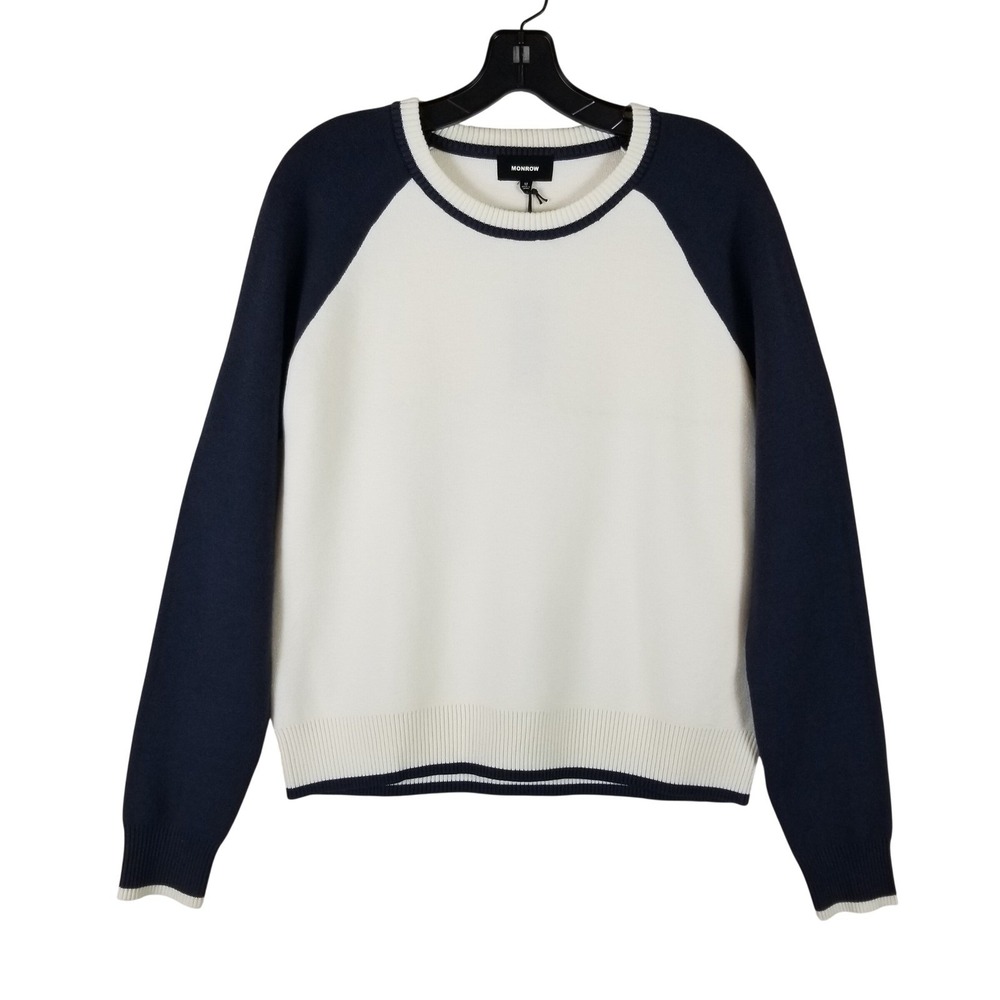 Monrow Sweater Womens Medium Ivory Navy Blue‎ Raglan Colorblock Crew Neck HT1245
